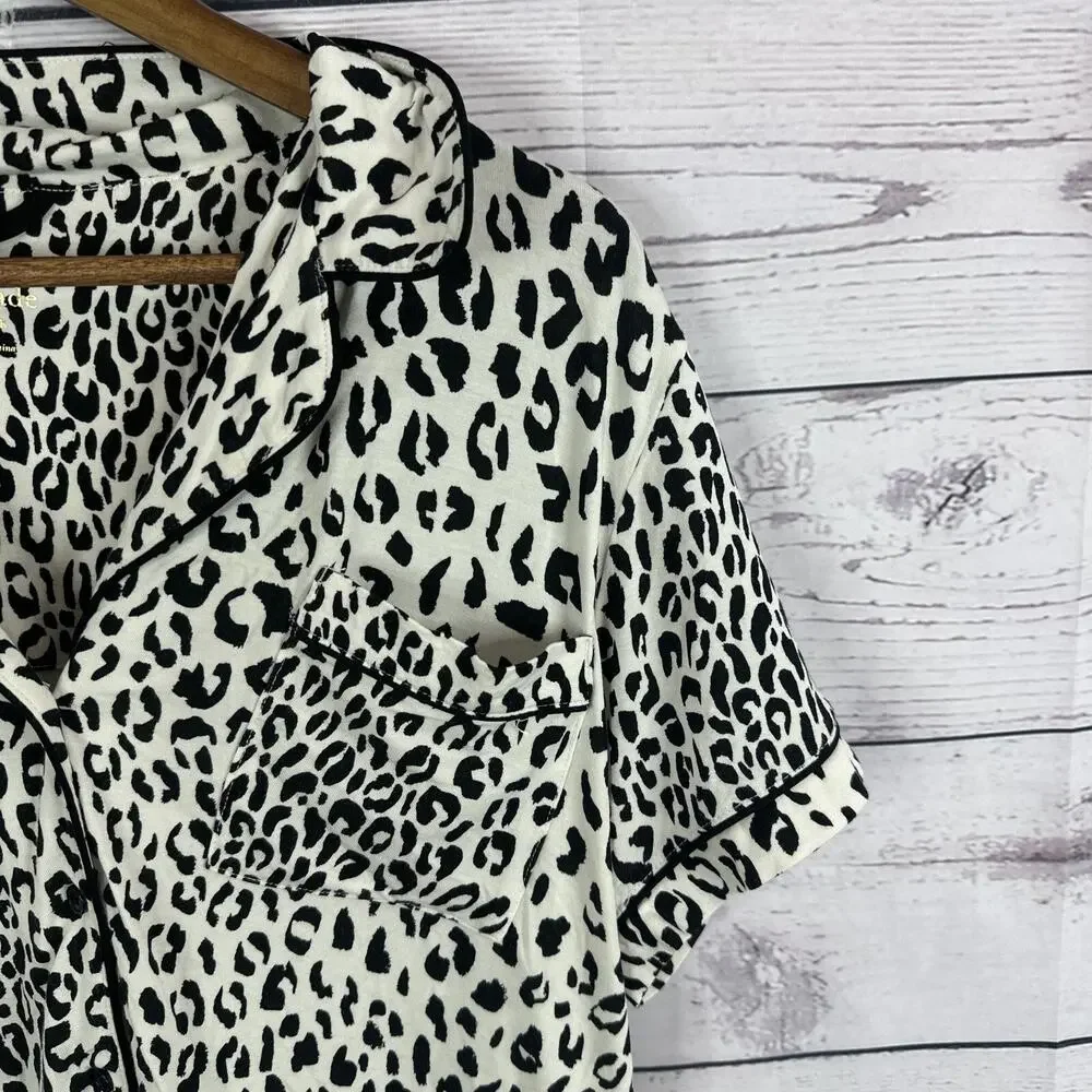 Kate Spade Pajama Top Womens Medium White Black Animal Print‎ Soft Button